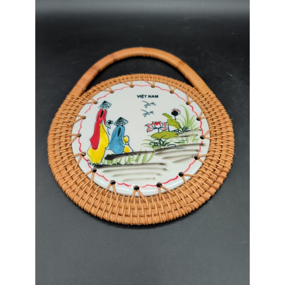 Vtg Vietnam Hand Painted Trivet Rattan Wall Hanging